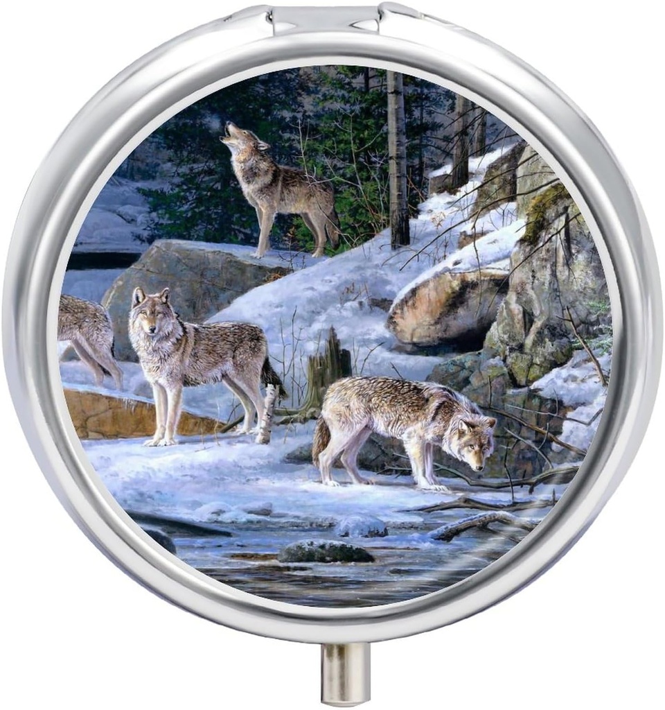Small Travel Pill Case, Round Metal Pill Box für Taschengeld, 3 Compartment Portable Pill Holder, Mini Pill Organizer für Reisen oder täglich - Wolf
