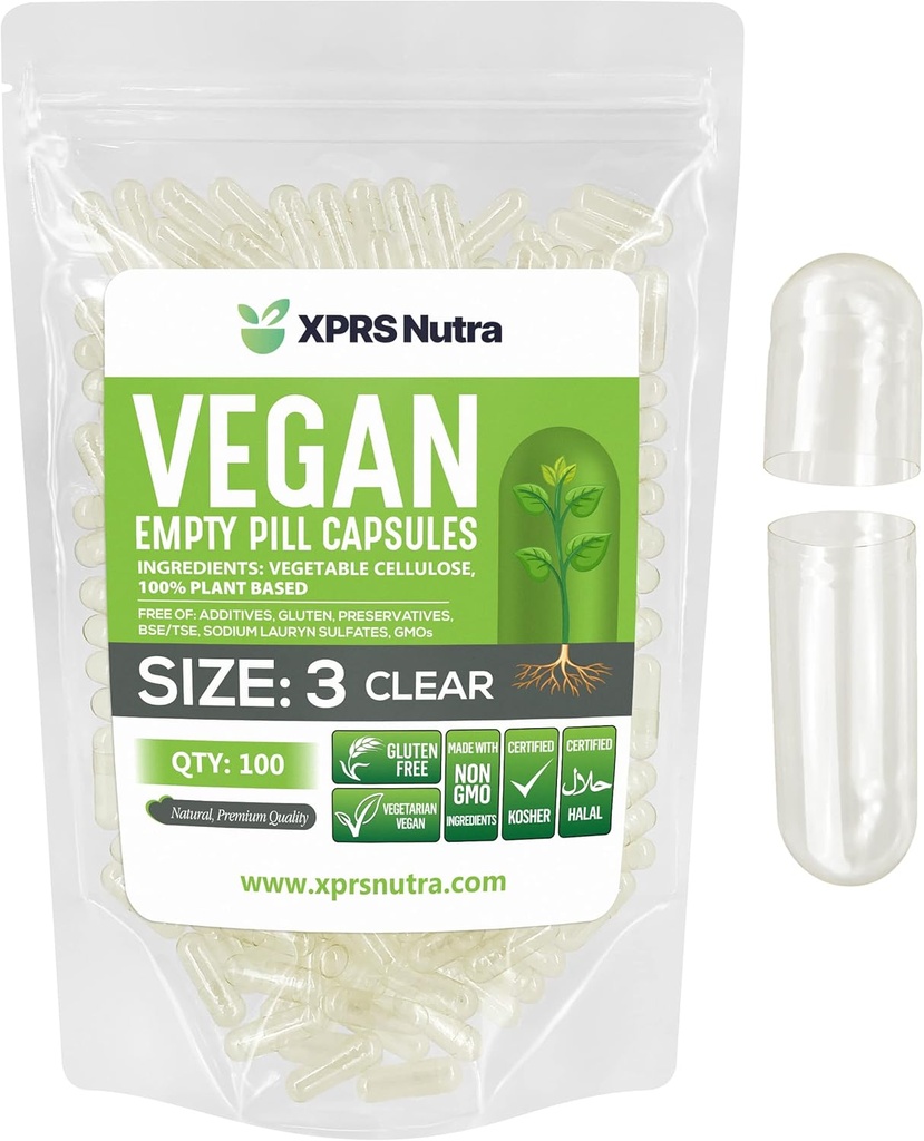 XPRS Nutra Size 3 Empty Capsules - 100 Count Clear Vegan Capsules - Vegetarian Pills - DIY Vegetable Capsule Filling - Veggie Pill Caps