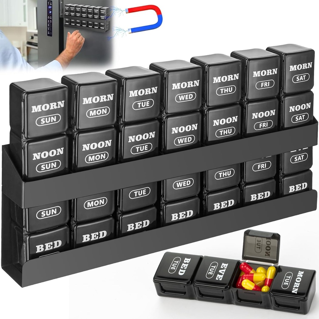 Organizátor pilulky 4-Times a deň: Týždenné pilulky box 7 deň s magnetickým police - veľké kompartmenty Pilulky Prípad - Odnímateľný Organizátor lieky dispenzér pre rybie oleje držiak vitamínu doplnok (čierna)
