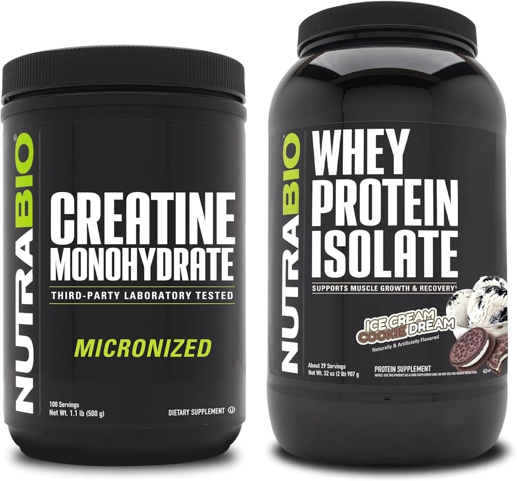 NutraBio Creatine Monohydrate, Unflavored, 500g and Whey Protein Isolate, Ice Cream Cookie Dream, Supplement Bundle - Muscle Energy, Lean Muscle Growth, Recovery, and Strength