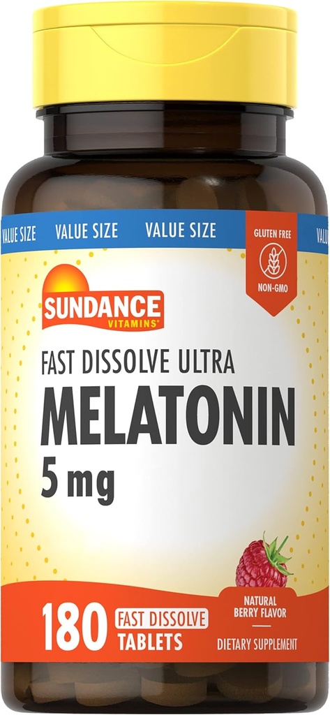 Sundance Melatonin 5mg Tablets | 180 Vegetarian Count | Fast Dissolve | Berry Flavor naturala | Begetarianoa, GMO eta Gluten Free Supplement