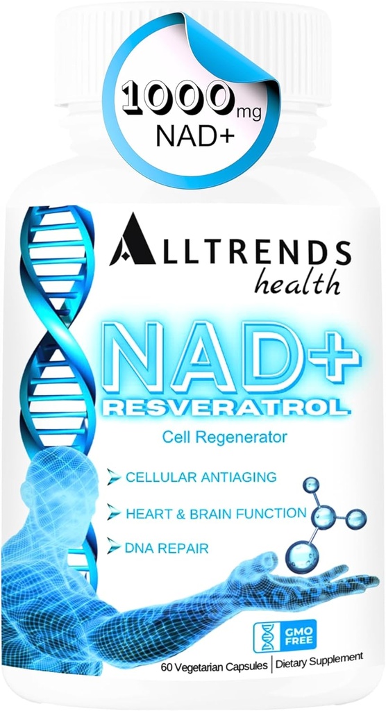 ALLTRENDS Health NAD Phụ 1000mg resveratrol 500mg MMG Trimethlycine 500mg mgVitamins cho tế bào tái tạo, tim & chức năng não, sửa đổi ADN, dài hạn, căng thẳng năng lượng và oxy hóa 60Caps