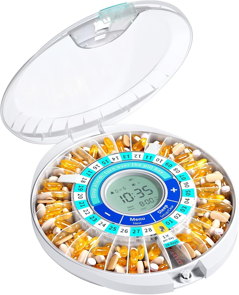 Daviky Automatic Pill Dispenser for eldre med alarm, 28-dagers elektronisk låst pilleboks, lyd og lys påminnelser for medisinering, vitaminer og kosttilskudd