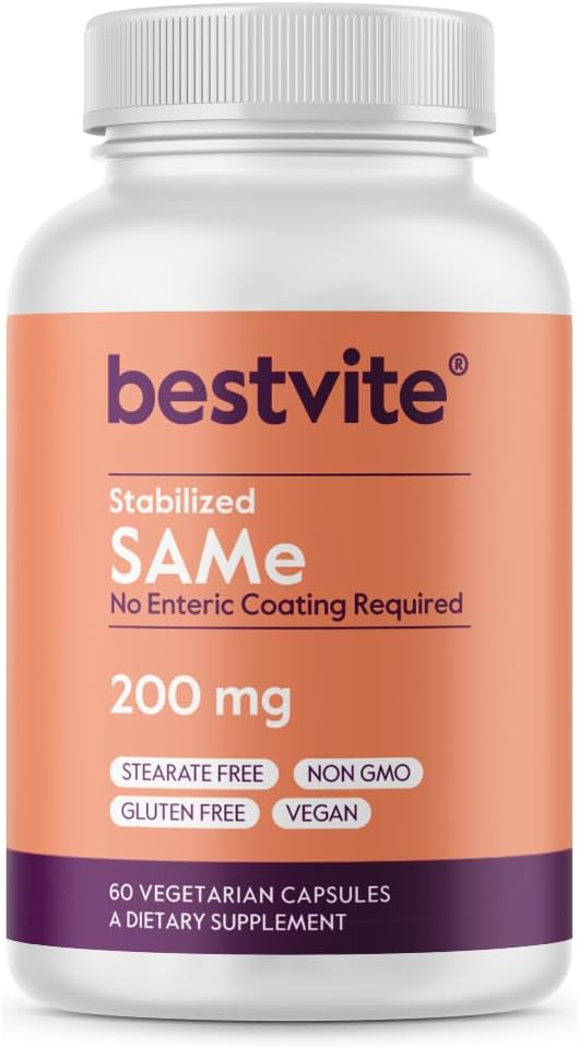 BestVITE SAM-e 200 מ"ג Stabilized (60 קפסולות צמחוניות) - Easy to Swallow קפסולת Form - No Enteric Coat Needed - No Titanium Dioxide - No Stearates - טבעוני - Non GMO - Gluten Freeten Freeten Freeten Freeten
