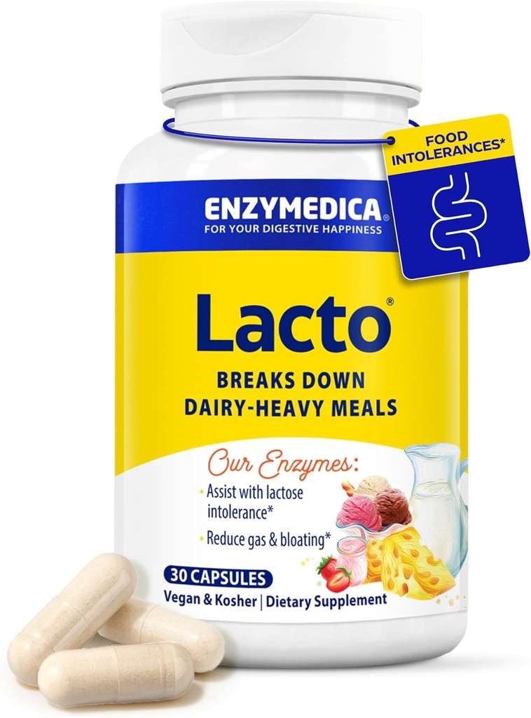 Enzimedica Lacto, Pílulas avançadas de lactase para o suporte de leite, Ajuda a quebrar Lactose, Caseína e gordura, Pílulas de alívio de leite, Vegan, 30 Cápsulas