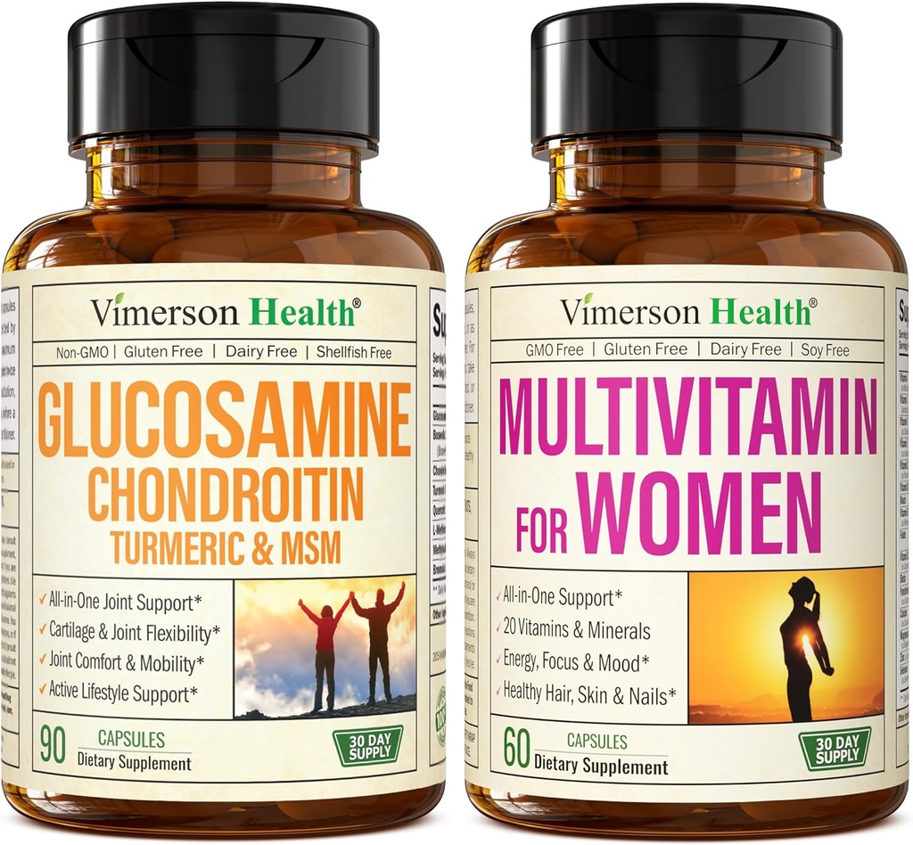 Glucosamine Chondroitin Turmeric + Multivitamínico para Mujeres 2-Bottle Suplemento Bundle para Ella. Respuesta saludable de inmuno, soporte conjunto, propiedades antioxidantes