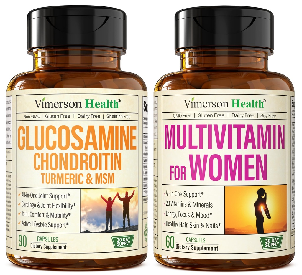 Glucosamine Chondroitin Turmeric + Multivitamin for Women 2-Bottle Supplement Bundle for Her. Healthy Immune Response, Joint Support, Antioxidant Properties