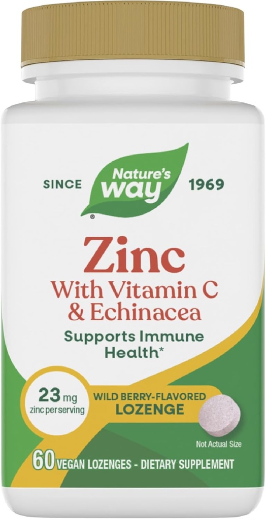 La natura és la manera de Zinc Lozenges amb Vitamina C i Echinacea, Zinc suplementaris per homes i dones, imne support *, Wild Berry Flavor, 60 Lozenges (Parling Vari)