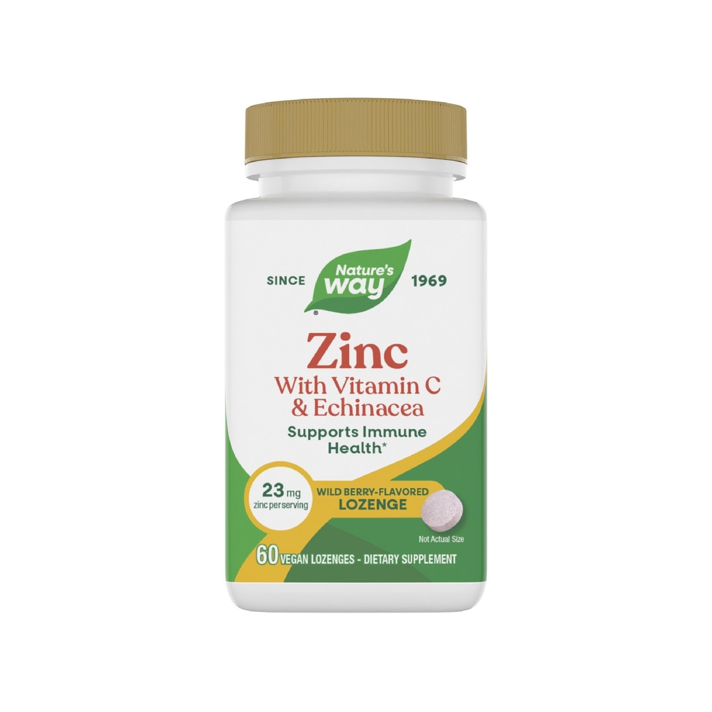 Nature's Way Zinc Lozenges with Vitamin C & Echinacea, Zinc Supplements for Men and Women, Immune Support*, Wild Berry Flavor, 60 Lozenges (Packaging May Vary)