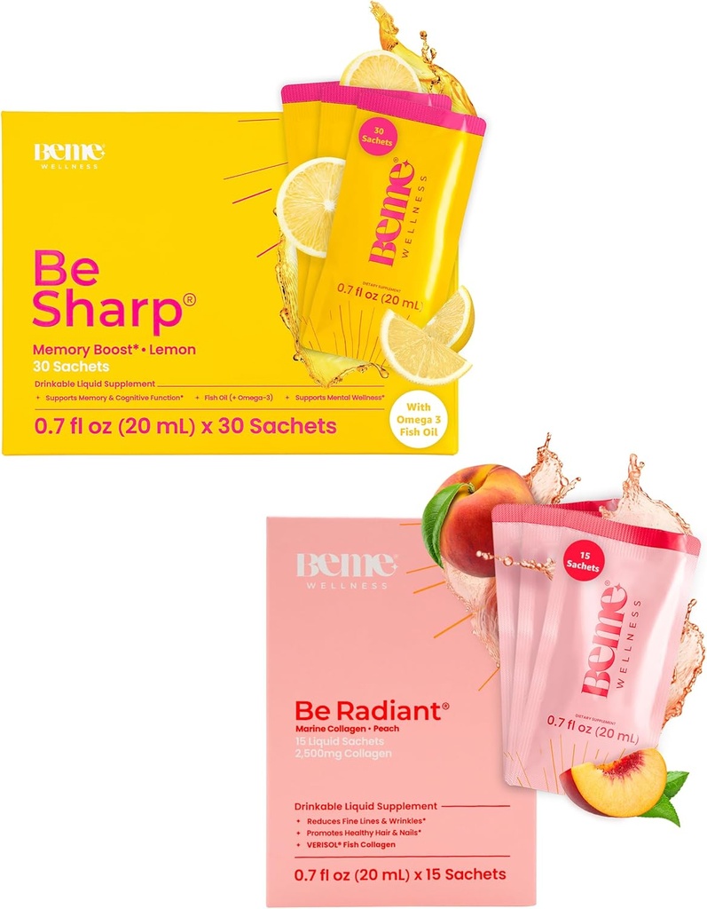 BeMe BeSharp & BeRadiant Peach Bundle - Жидкие добавки для напитков омега-3 и коллаген