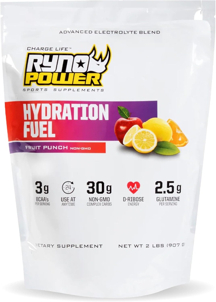 Ryno Power Hydration Fuel Electrolyte Drink Mix 2lb (20 Servings) "Fruit Punch" - Advanced Electrolyte Formula + BCAA - Gluteenivaba - Jätkusuutlik energia ja lihaste taastamine