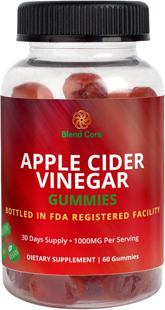 Apple 苹果苹果酒 维那加葡萄酒 配有维生素B12 – Vegan,Gluten-Free,Non-GMO – Apple & Purchin Carrot Flavored – 1000mg ACV – 60 Gummys, 30日供应