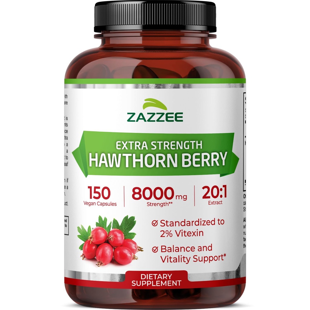 Zazzee Extra Strength Hawthorn Berry 20:1 Extract, 2% Vitexin, 150 Vegan Capsules, 5 Month Supply, Crataegus Pinnatifida, Antioxidant & Circulation Support, 10X Concentrated, Non-GMO, Made in the USA