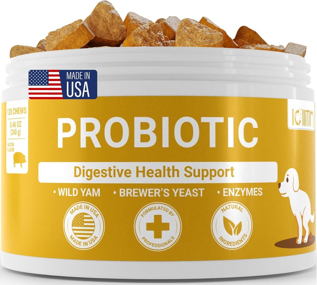 Probiotiki za pse - podpora Gut & Digestive Health, Imunska podpora - Vse Nautral Prebiotics, Fiber, Encimi za Gut Flora - Diarea & Bowel Podpora - Bacon Flavor, 120 Chews, by Lollitin