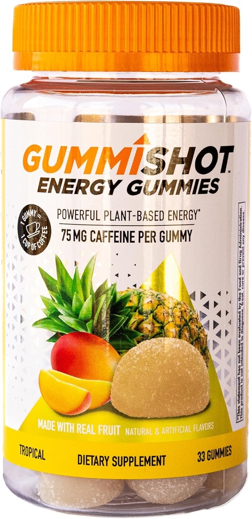 Gummies de enerxía GummiShot, 2475mg de café con base en plantas por botella, impulsores de enerxía de longa duración, tropical (33ct)