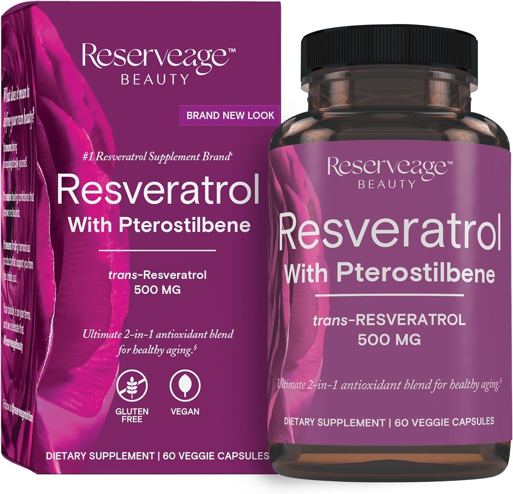 Reserveage Beauty, Resveratrol 500 mg con Pterostilbene, Suplemento Antioxidante para soporte inmune e saúde cardíaca, soporta envellecemento saudable, Paleo, Keto, 60 cápsulas (60 porcións)