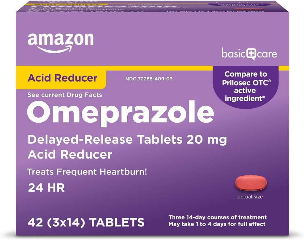 Basic Care Omeprazole Késleltetett kiadású 20 mg-os tabletták, Kezelések Gyakori szívégés, Acid redukáló, Heartburn Medicine, 42 Count (1-es csomag) (A csomagolás változhat)