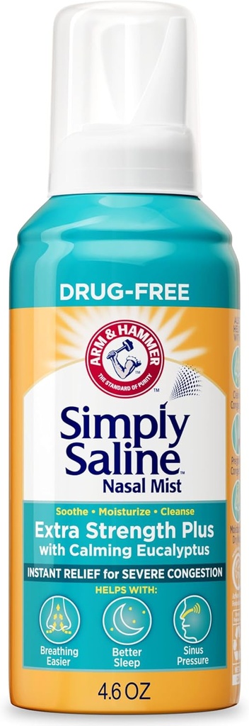 Arm & Hammer Pur și simplu Saline Extra Putere Plus Eucalipt Nasal Mist pentru congestie severă, 4.6 oz