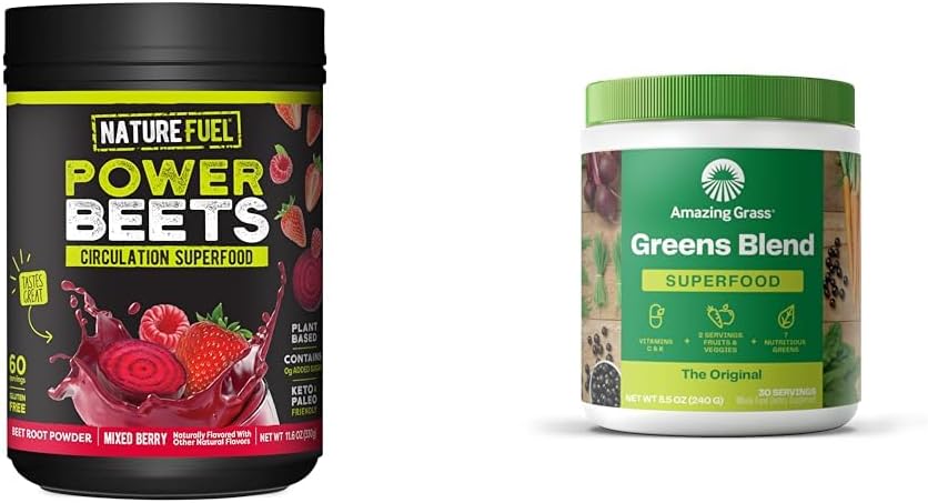 Nature Fuel Power Beets Powder, Delicious Acai Berry P,, concentrado & Amazing Grass Greens Blend Superfood: Super Greens Powder Smoothie Mix para impulsar a enerxía
