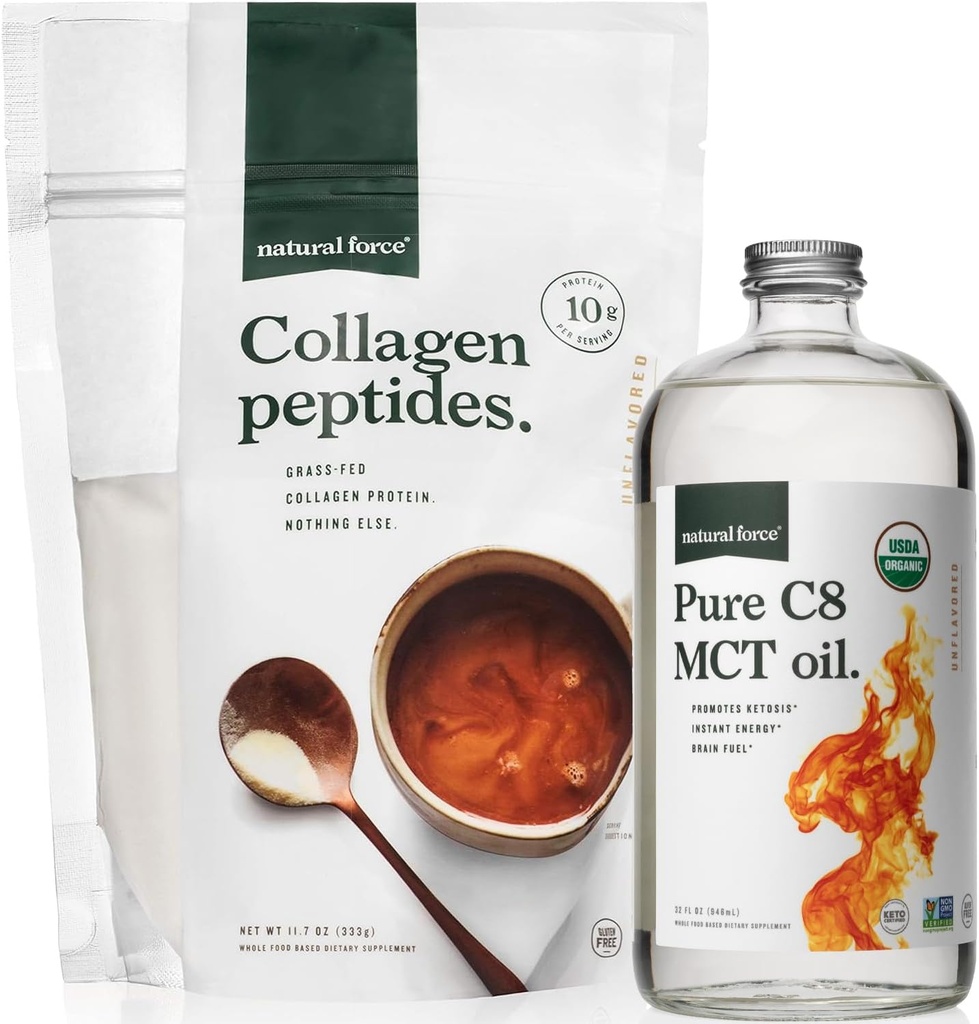 Natural Forces Organic MCT Petroli +Grass Fejen Peptides Paquet de microblogs Yucraïna, no GMO, 100% pur de MCTs i Hydroly va preparar el tipus I III Collage Protein - 16 Ounce Ampia i 11.7 Ounce Ba
