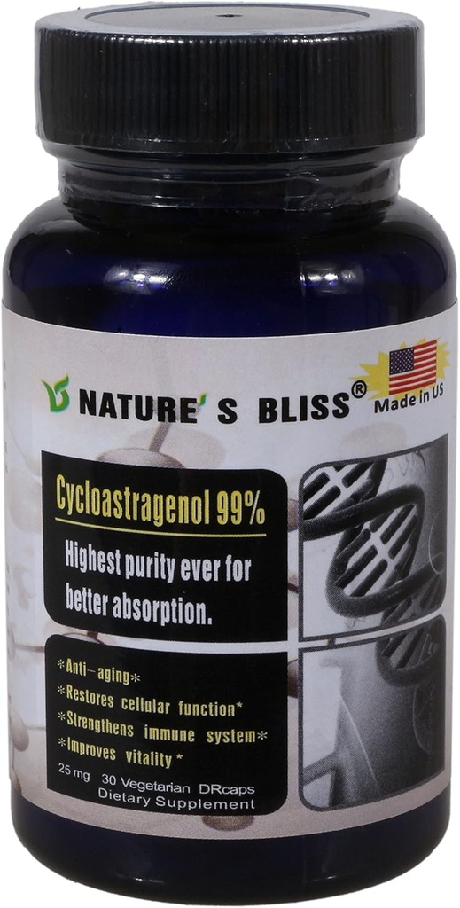Naturensbliss sykloastragenol 25mg 99%,Telomere Kosttilskudd, Astragalus Root Extract, Anti Aging Supplement, Laget i USA, Immunitet Boost, Magesyre Beskyttet, Super Absorpsjon, 30 Kapsler