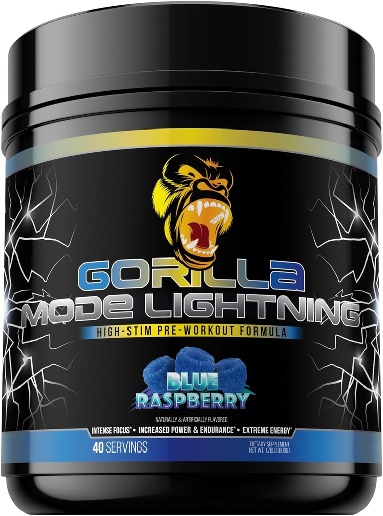 Gorilla Mode Lightning Pre-Workout - אנרגיה קיצונית - Focus - Powerful Pumps - Peak Performance - 550mg Caffeine, 13500 מ"ג L-Tyrosine, Alpha-GPC-808g (כחול פטל)