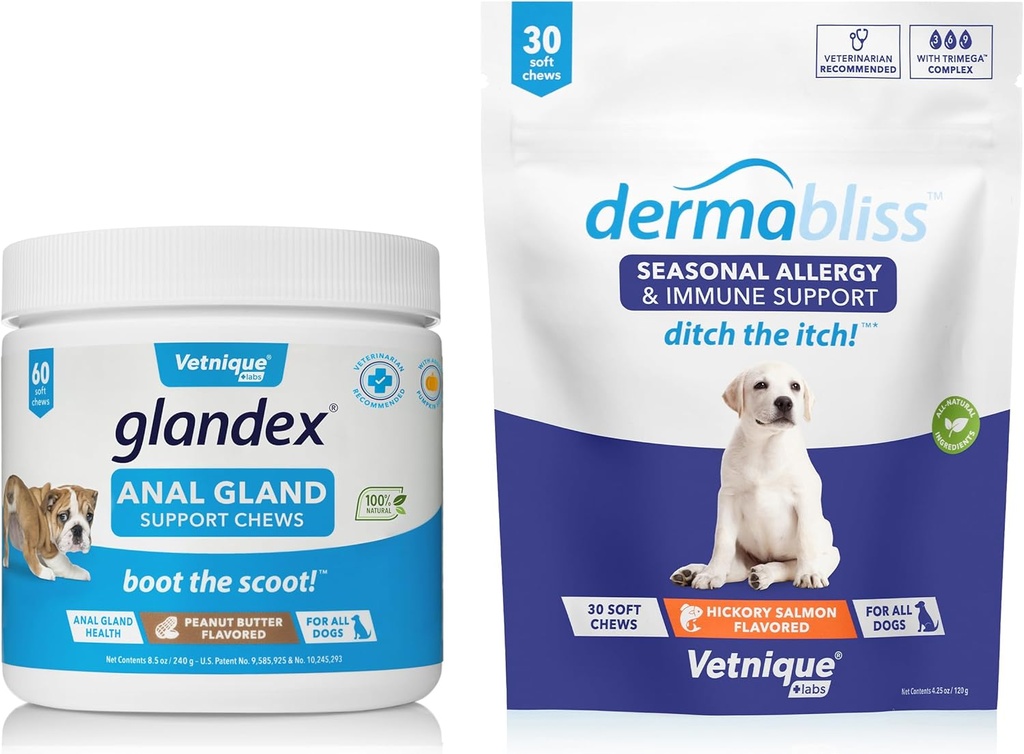 Vetnique Labs Dermabliss Allergie Kauwt 30 Ct en Glandex Anal Gland Support Kauwen 60 Ct Bundle Honden Vitaminen en Supplementen, Anal Gland Hond Treats met Probiotica, Honden Allergieën Huidbehandeling Zachte kauw