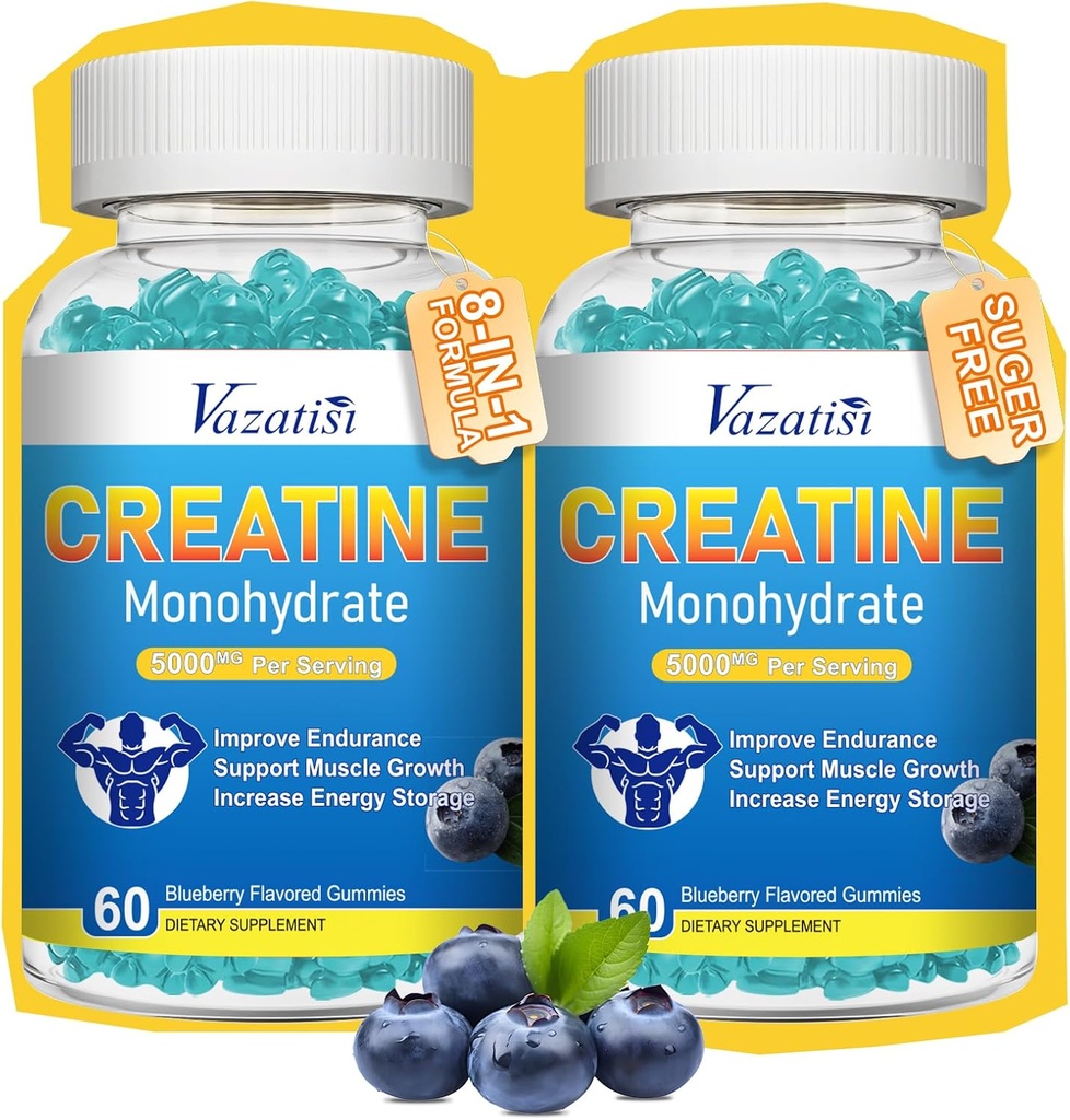 2 Pack Creatine Monohydrate Gummies for Women & Men, Sugar Free Vegan Creatine Supplement for Build Muscles, Increase Energy & Strength, Blueberry Flavor, 120 Count
