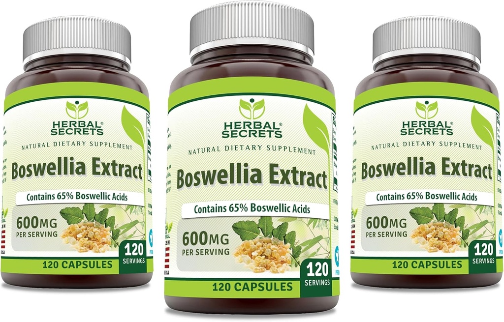 Herbal Secrets Boswellia Serrata Extract (65% Boswellic Acids) 600 mg Capsules Supplement; Non-GMO 124; Gluten Bebas (120 124; 3 Pack)