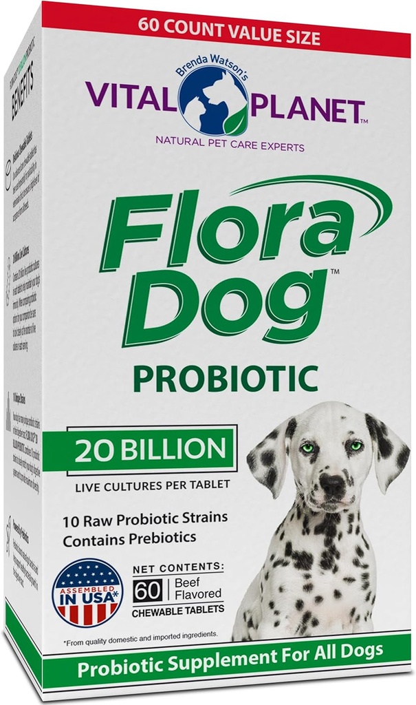 Planeta Vital - Flora Dog Probiótico Chewable Tablets Suplemento com 20 Culturas de Bilhões e 10 Strains, Imune de Alta Potência e Probióticos de Apoio Digestivo para Cães, 60 Tablets Mastigados de Carne