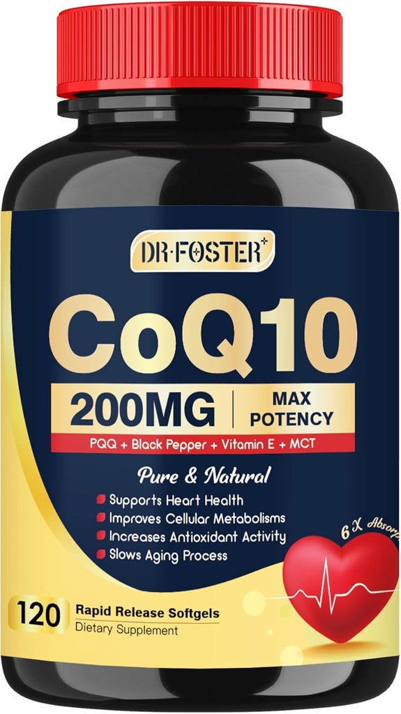DRFOSTER Coq10 200mg, Coenzyme Q10 cho Antioxidant & Ection, 6X High Aborption Cq10 với khả năng chiết xuất E & PQ & Pepper đen, Co q 10 Phụ phí 120 dịch vụ