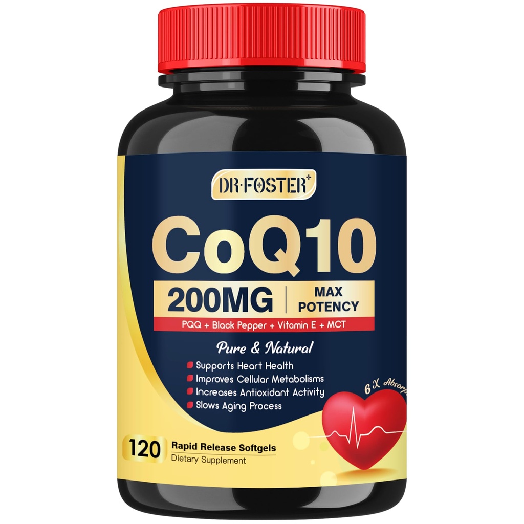 DRFOSTER Coq10 200mg, Coenzyme Q10 for Antioxidant & Energy Production, 6X Higher Absorption Cq10 with Vitamin E & PQQ & Black Pepper Extract, Co q 10 Supplement 120 Servings