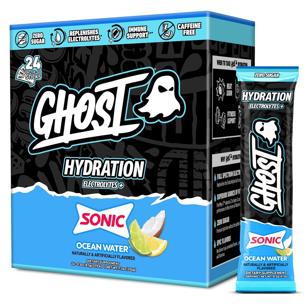 GHOST Hydration Sticks, Electrolyte Powder Packets, Sonic Ocean Water - 24 Sugar Free Instant Electrolyte Drink Mix - Caffeine-Free Daily Hydration & Immune Support with Clean Formula