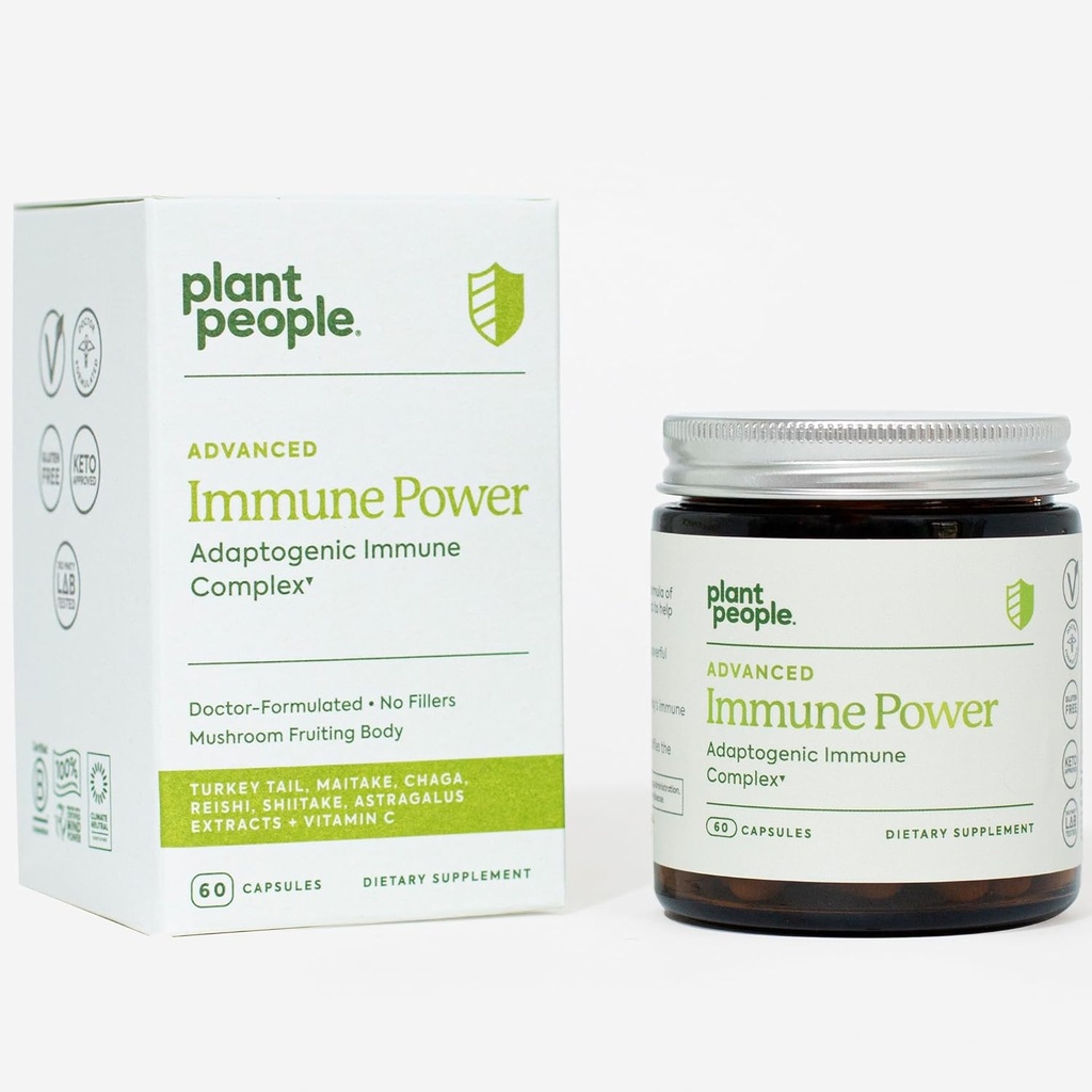 Plant People - Immune Power ← Advanced Immune Support with Mushrooms, Astragalus, Herbal, and Vitamin C ← Natural, USDA Organic, Vegan, Non-GMO, Gluten Free, Vitaminas y Suplementos  60 Capsules