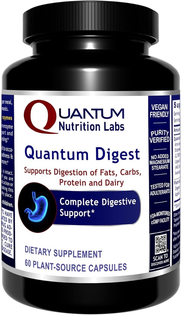 Quantum Nutrition Labs Quantum Digest - Digestive Helse Enzymer for kvinner og menn, Digestionsstøtte for Gut Helse, Fullly Aktiv Vegansk Enzyme piller - 60 Vegetariske kapsler