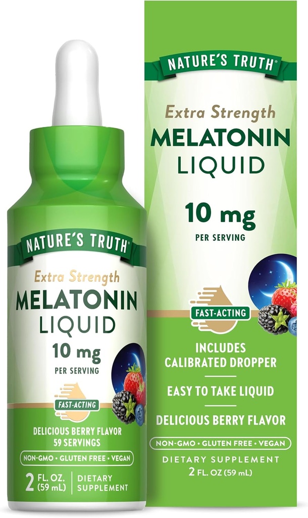 Nature's Truth Melatonin maye | 10 mg | 2 Fl oz Yetişkin üçün maksimum Strength / Berry Flavor / Vegan, Non-GMO & Gluten Pulsuz