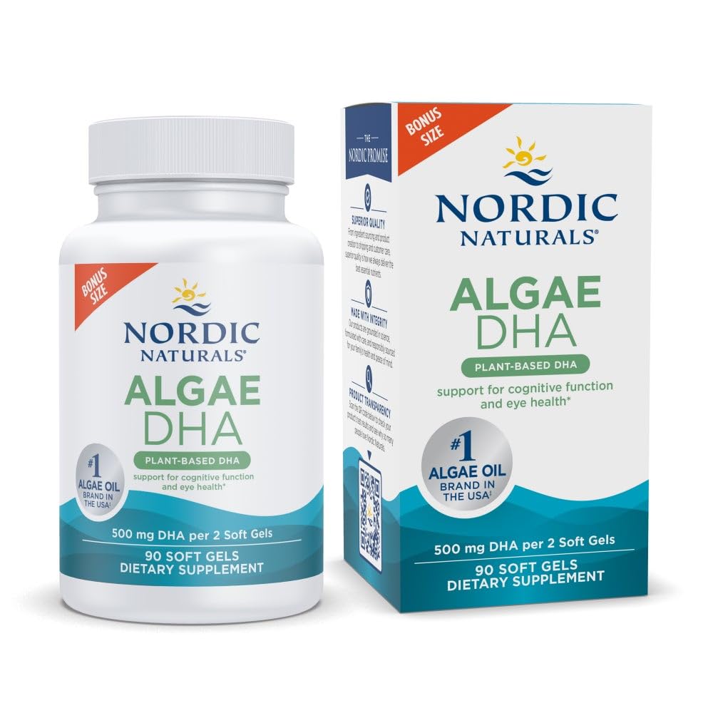 Nordic Naturals Algae DHA - 90 Soft Gels - 500 mg Omega-3 DHA - Certified Vegan Algae Oil - Plant-Based DHA - Brain, Eye & Nervous System Support - Non-GMO - 45 Servings