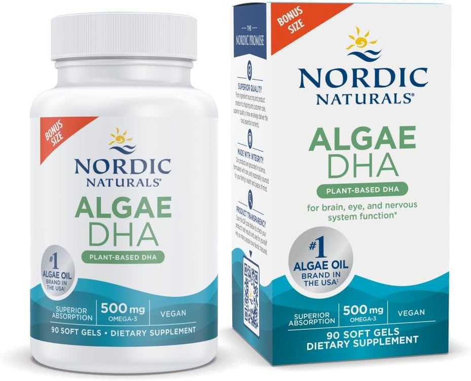 Nordic Naturals Algae DHA - 90 Soft Gels - 500 mg Omega-3 DHA - Certified Vegan Algae Oil - Plant-Based DHA - Brain, Eye & Nnervy System Support - Non-GMO - 45 Servings