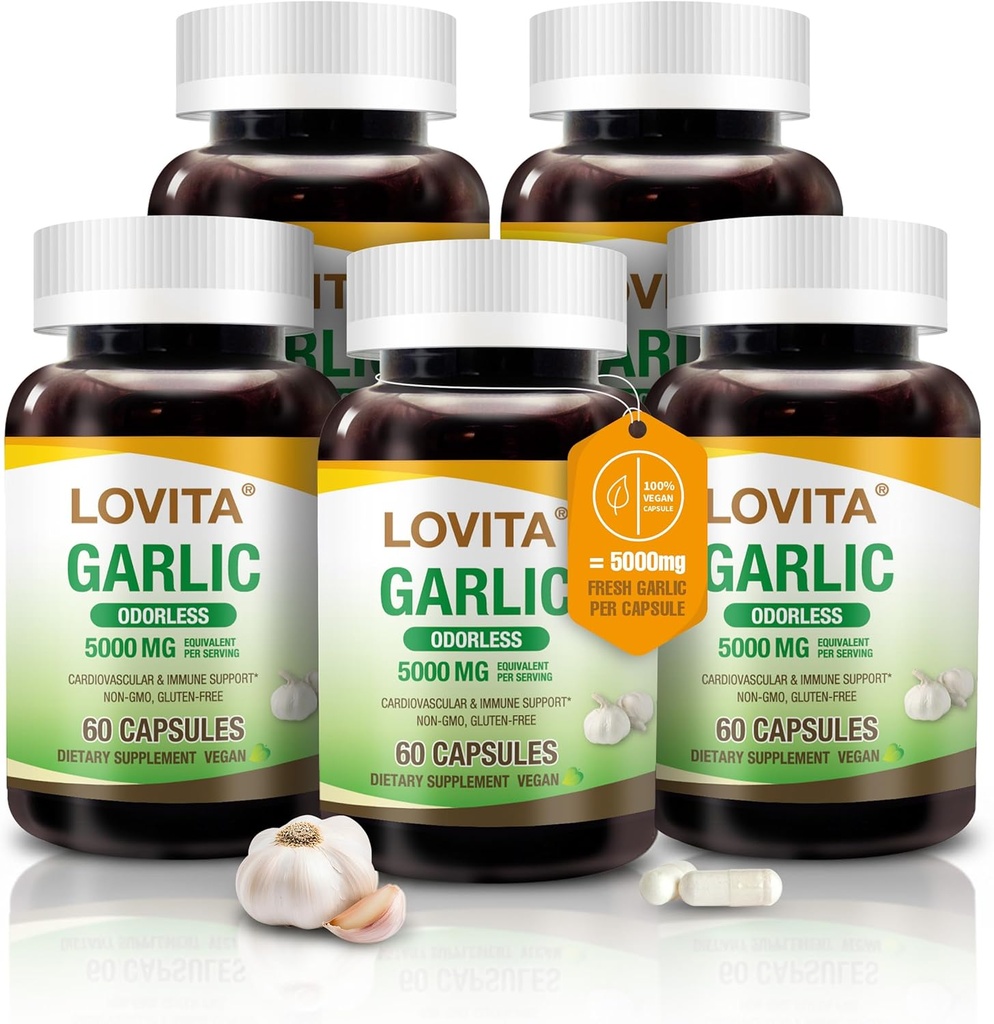 Lovita Odorless Usturoi Capsule, 5000 mg Fresh Usturoi Echivalent, 1,25% Allicin Extract, Suporturi Inima, Tensiunea arterială, Colesterol & Sistem Immune, Non-GMO, Gluten-Free, 300 Vegan capsule