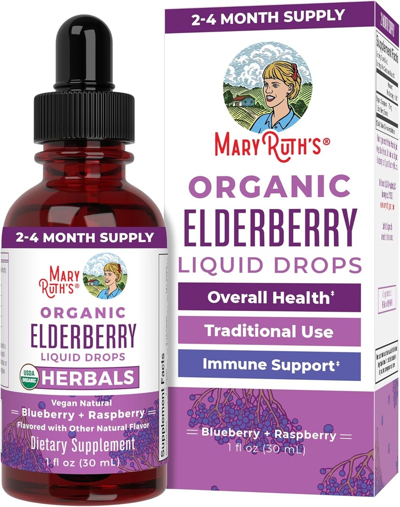 MaryRuth Orlandics Elderberry Syupupy USDA Ònion Sugar Immune Implementació suplementari per a adults i nens, Ådes de l'edat 1kon Vegan, No-GMO, imneduants de l'etiqueta Verificat 1 Oz