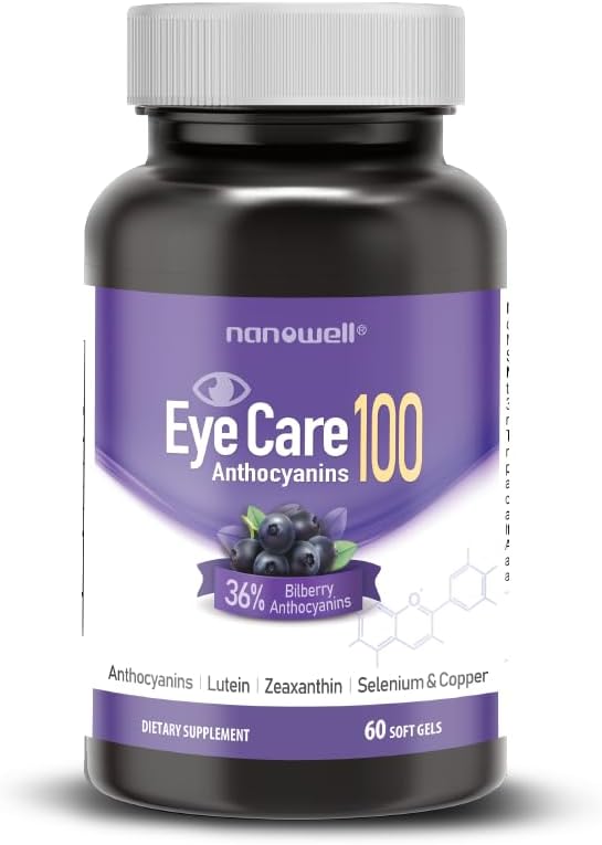 NANOWELL EyeCare Антоцианы 100 - Дополнение для здоровья глаз с Bilberry, Zeaxanthin, Lutein, Anthocyanins, Витамин А, Е, Селен и Медь - 60 Softgels, 60 Day Supply