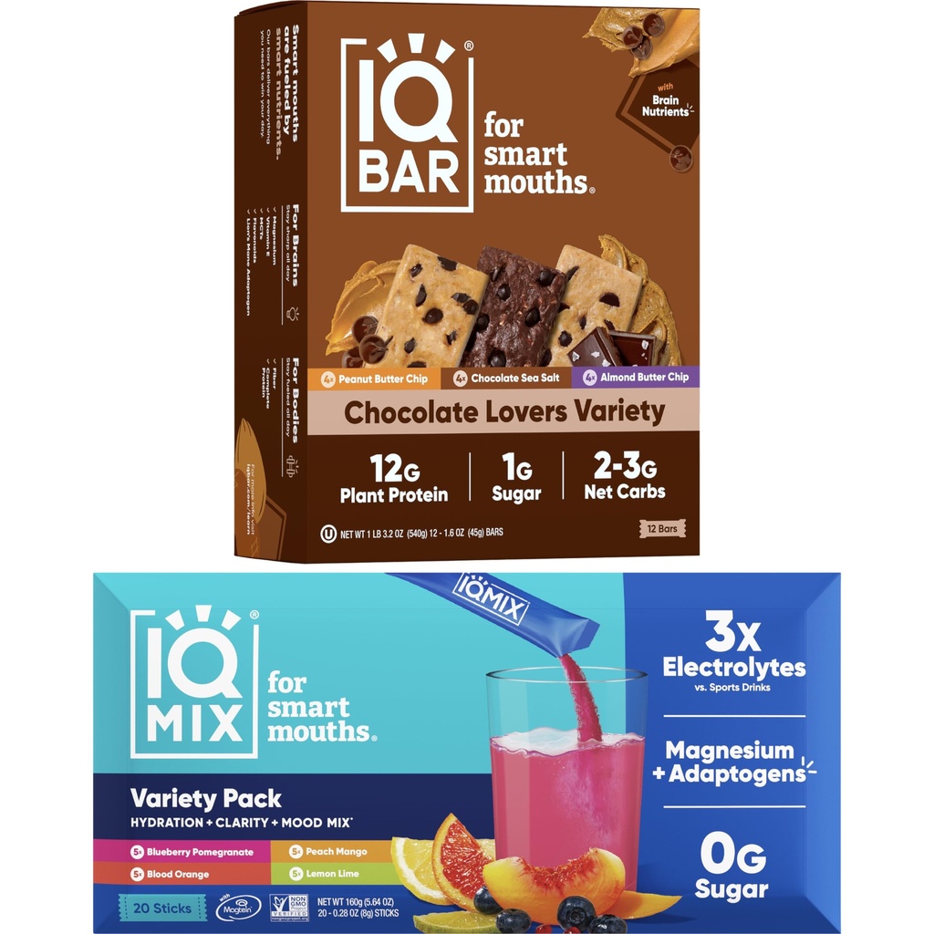 IQBAR Brain and Body Keto Protein Bars - 12 Count Chocolate Lovers Variety Low Carb, Vegan Bars & IQMIX Sugar Free Electrolyte Powder Packets - 20 Count Variety Pack Keto Electrolytes with Lions Mane