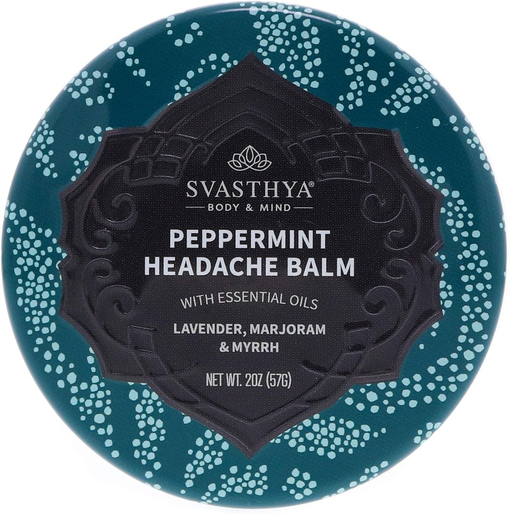 Svasthya Body & Mind Peppermint Headache Balm by Svashiya - Instant & Lasting Sinus, Migraine & Stress Headache Relief, Has Peppermint, Lavender, Margaroram, Myrrh - 100% Natural, Made in The USA, 2 oz