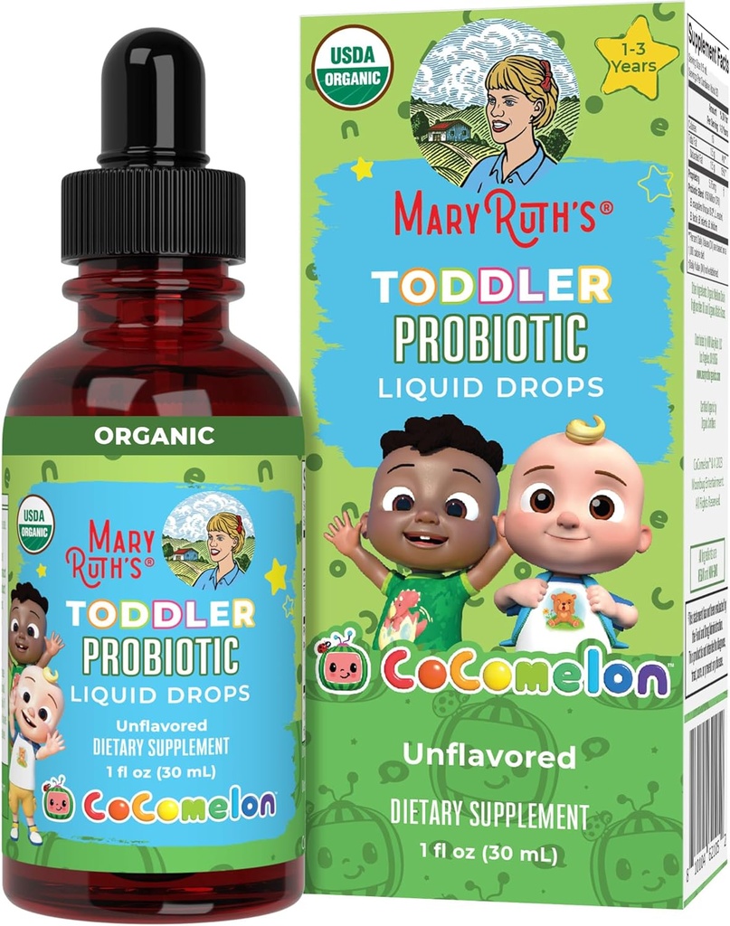 MaryRuth Organics Cocomelon Toddler Probiotic flytende  Drop Barn Probiotika for aldre 1-3 | 5 Probiotiske Strains | 150 milliarder CFU Per Serving | USDA Økologisk | Sukkerfri | Glutenfri | 1 Fl Oz