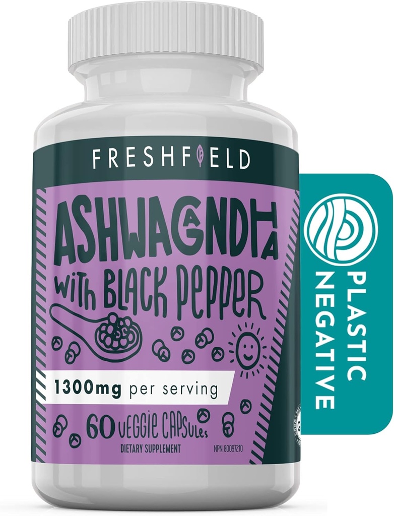 Freshfield Ashwagandha con Black Pepper. Vegan Friendly Supplement for Adrenal Fatigue Support, Muscle Memory, Thyroid and Strength. Todos los cápsulas naturales 1300 mg