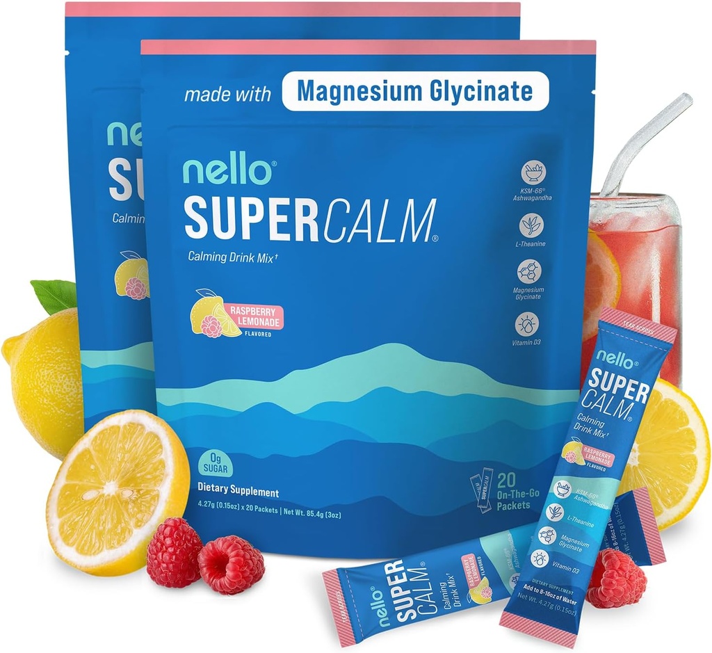 Nello Supersolid Powdered Drink Mix, Málna Lemonade, L Theanine, Ksm- 66 Ashwagandha, Magnézium Glycinate, D-vitamin 3, kiegészítők relaxációs & Fókusz, No Sugar, Nem GMO, On The Go, (2- Pack)