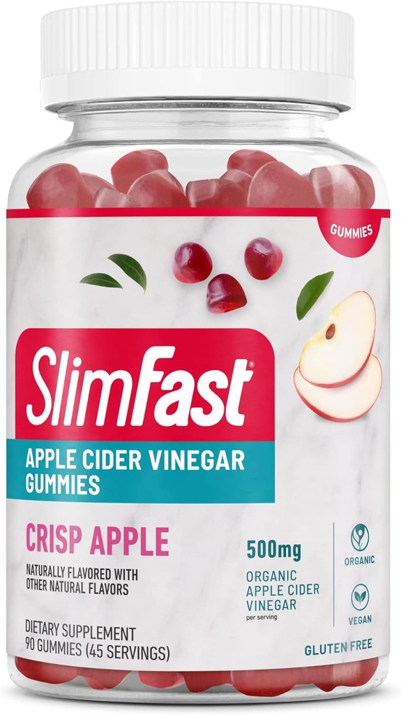 SlimFast Apple Siideri Viinietikka Gummies, ravintolisä 500 mg Organic Apple Siideri Viinietikka per Tarjoilu, Crisp Apple Flavor, 45 Tarjoilut (Pakkaus May Vary)