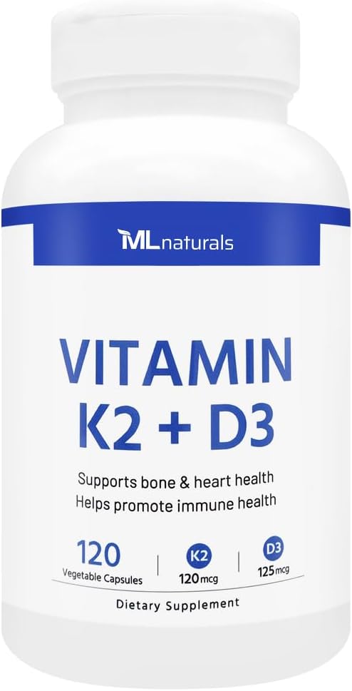 ML Naturals Vitamin K2 + D3 120 Vegetable Capsules, NSF-Certified & cGMP-Compliant