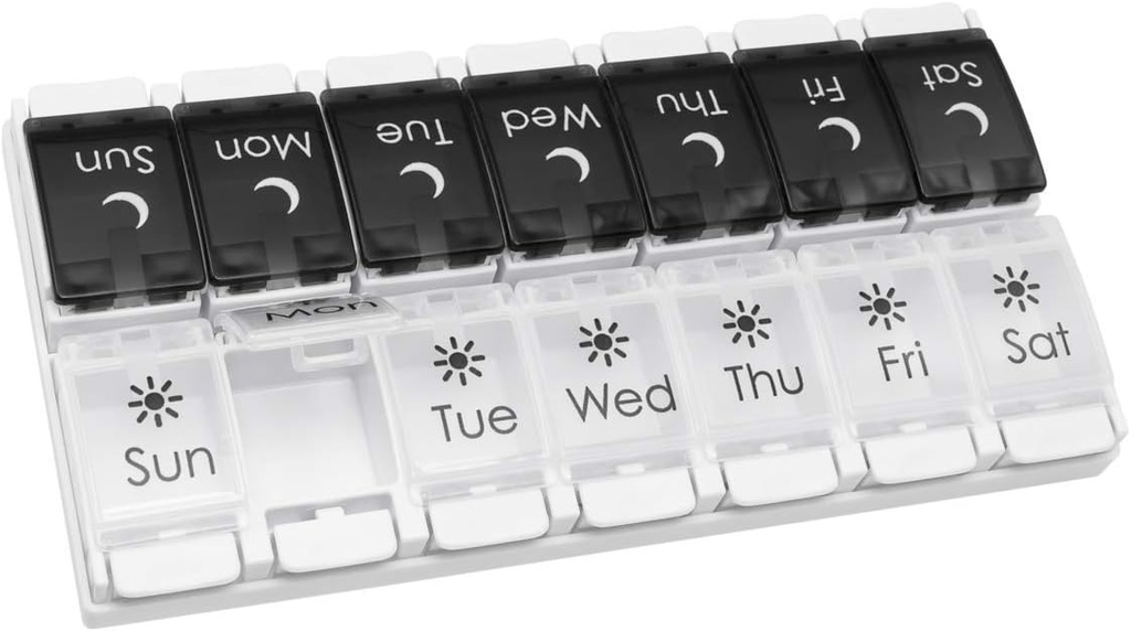 EZY DOSE Push Button (7-Day) Pill Case, Planeador de Medicina, Organizador de Vitaminas, 2 vezes por dia AM/PM, Bandejas Removíveis, Compartimentos Grandes, Arthritis Friendly, Spring Open Black and White Lids, BPA Free