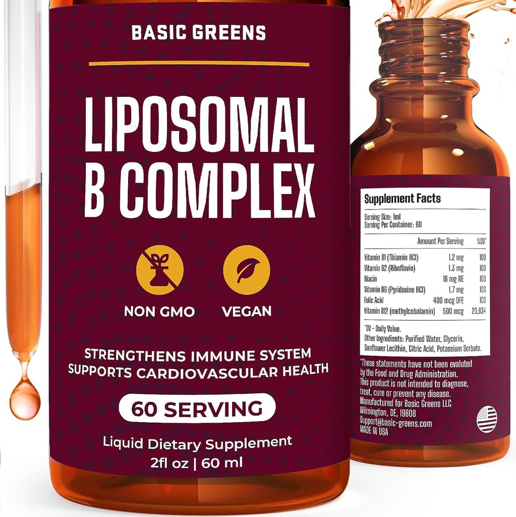 Liposomal B Vitamins Complex Liquid – Hohe Absorption für Energie, Gehirn & Haut Gesundheit, Haar & Nägel, Fortgeschrittene Liposomale Lieferung, Vegan, Non-GMO, 2 Fl Oz